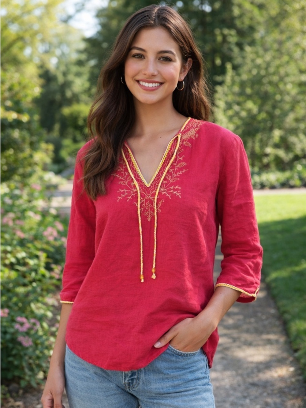 Gap Embroidered Pink Women's Linen Top. XS